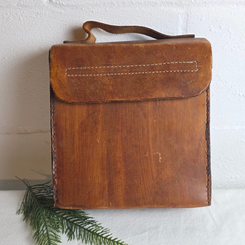 Vintage Handmade Leather Satchel Boxy Field Bag Cognac Brown Hand Stitched